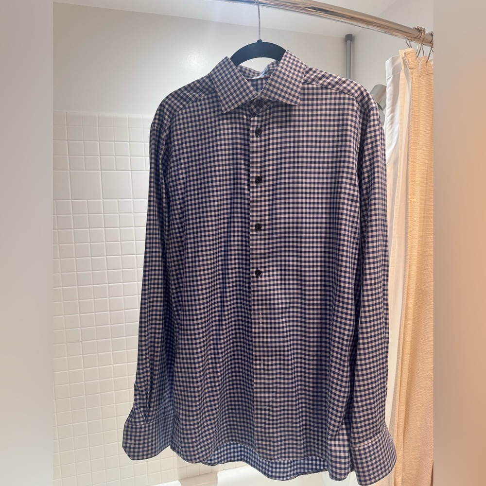 Eton Navy and White Gingham Dress Shirt